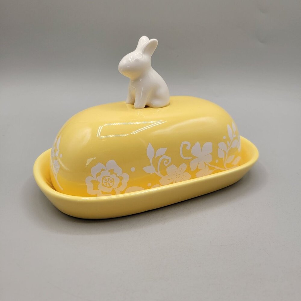 Rare Rae Dunn Magenta Exclusive Yellow Ceramic Butter Dish Bunny Knob Floral